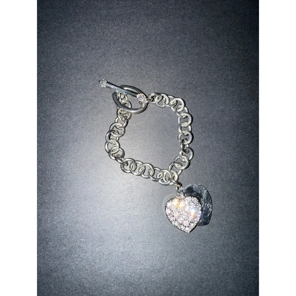 Silver Tone Heart Charm Bracelet –‎ Sparkle Crystal Accent – Toggle Clasp